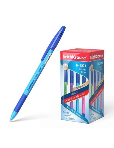 Stylo bille Erichkrause R-301 Neon Stick&Grip 0,7 - Corps hexagonal translucide - Zone de préhension en caoutchouc - Pointe de 0