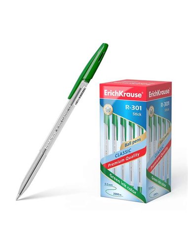 Stylo à bille Erichkrause R-301, pointe 1,0 mm, trait 0,5 mm, encre à séchage rapide, corps transparent, capuchon ventilé, vert