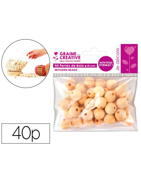 Perles en bois graine creative diametre 15mm sachet 40 pieces