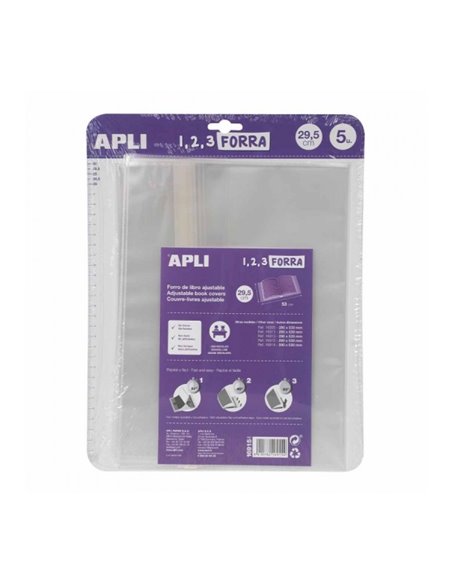 Lot de 5 protège-livres Apli 295 mm en polypropylène 75 microns - Rabat auto-ajustable - Pose facile en 3 étapes - Sans découpe 