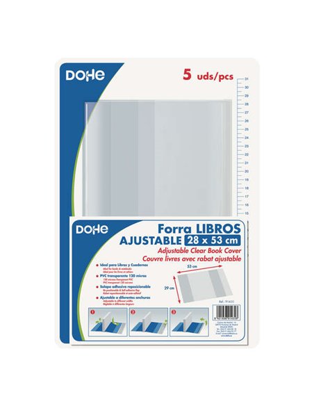 Lot de 5 protège-livres Dohe - Rabat adhésif repositionnable - Format 28 x 53 cm - Matériau PVC 120 microns