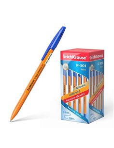 Stylo à bille orange Erichkrause R-301 - Pointe 0,7 mm - Course 0,35 mm - Capuchon ventilé - Corps orange mat - Couleur bleue