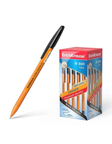 Stylo à bille orange Erichkrause R-301 - Pointe 0,7 mm - Course 0,35 mm - Capuchon ventilé - Corps orange opaque - Couleur noire