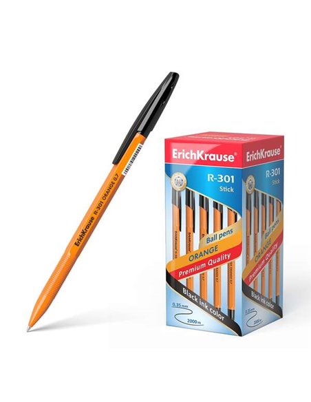 Stylo à bille orange Erichkrause R-301 - Pointe 0,7 mm - Course 0,35 mm - Capuchon ventilé - Corps orange opaque - Couleur noire