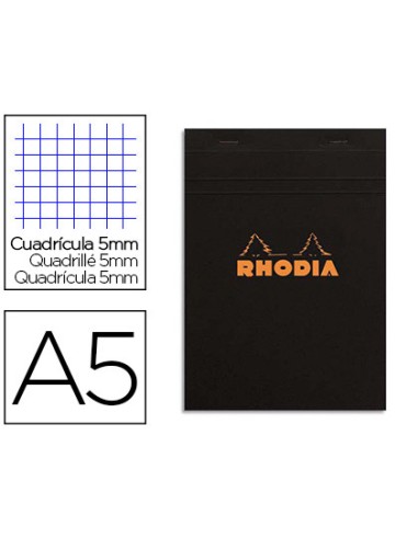 Bloc bureau rhodia a5 papier vélin surfin couverture enduite enveloppante 148x210mm 80f détachables 80g 5x5mm noir