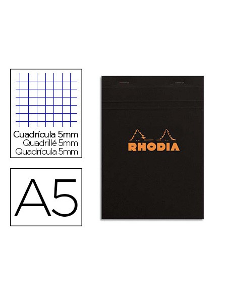 Bloc bureau rhodia a5 papier vélin surfin couverture enduite enveloppante 148x210mm 80f détachables 80g 5x5mm noir