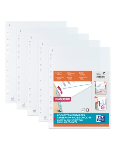 Oxford Quick'In A4, lot de 50 pochettes multi-perforées, polypropylène standard, 50 microns, transparent - 11 trous - Insertion 
