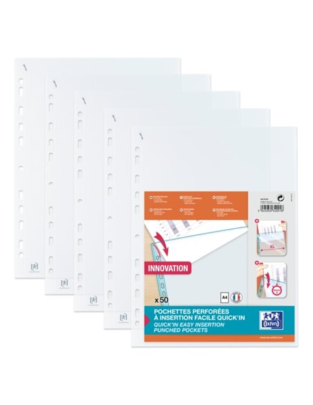 Oxford Quick'In A4, lot de 50 pochettes multi-perforées, polypropylène standard, 50 microns, transparent - 11 trous - Insertion 