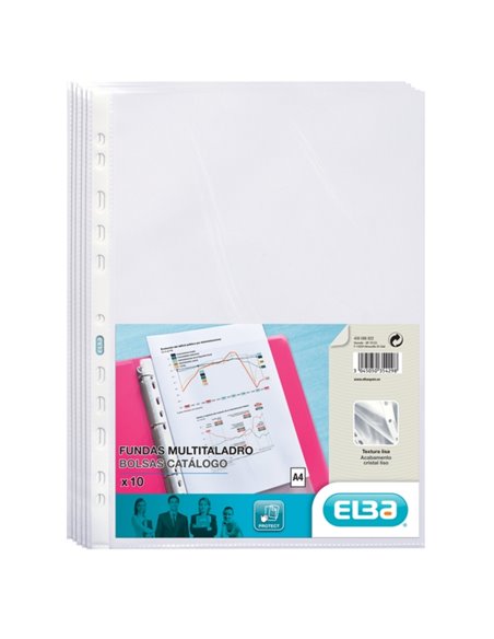 Lot de 10 pochettes Elba multi-perforées en PP 70 microns - Format A4 - Finition cristal - Transparent