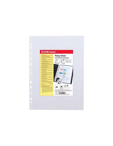 Lot de 10 pochettes multi-perforations Erichkrause Fizzy Clear A4 30 microns - 11 trous - Finition brute - Transparent