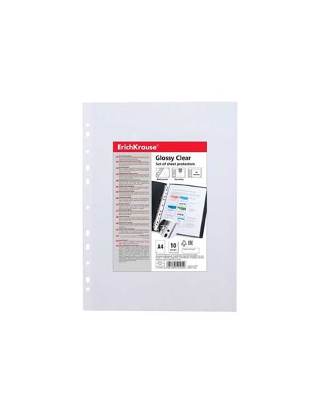 Lot de 10 pochettes multi-perforations Erichkrause A4 60 microns - 11 trous - Finition transparente brillante