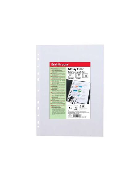 Lot de 10 pochettes multi-perforations Erichkrause A4 100 microns - 11 trous - Finition brillante transparente
