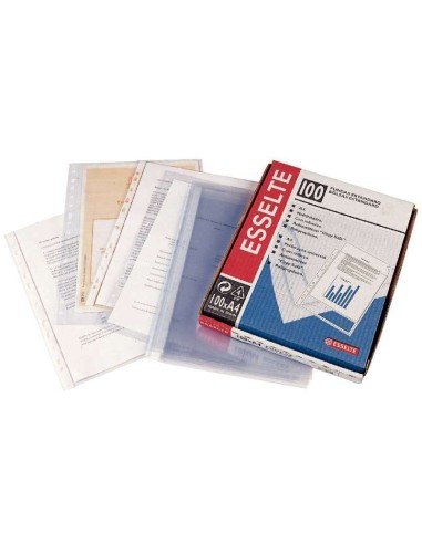 Lot de 100 pochettes à documents Esselte en PVC multi-perforées - Format folio - Qualité standard lisse - Transparentes