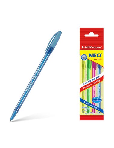Erichkrause Neo Cocktail Pack de 4 stylos jetables brillants - Pointe fine - Encre semi-gel - Bleu
