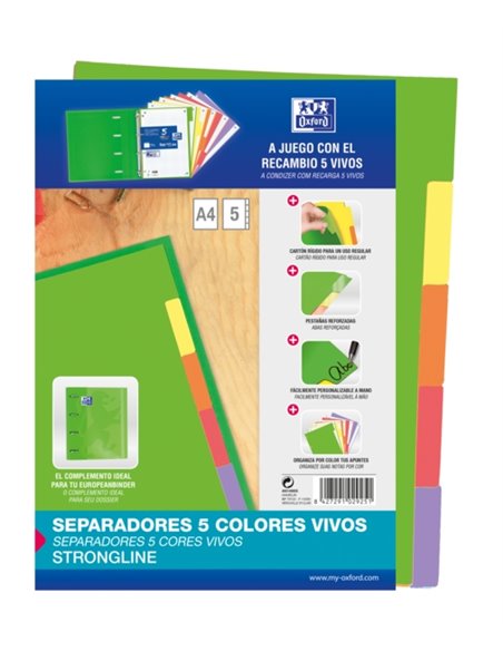 Intercalaires Oxford Strongline A4 5 positions - 4 trous - Papier cartonné 200 g - Couleurs assorties