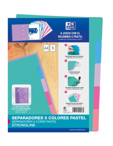 Intercalaires Oxford Strongline A4 5 positions - 4 trous - Papier cartonné 200 g - Couleurs assorties
