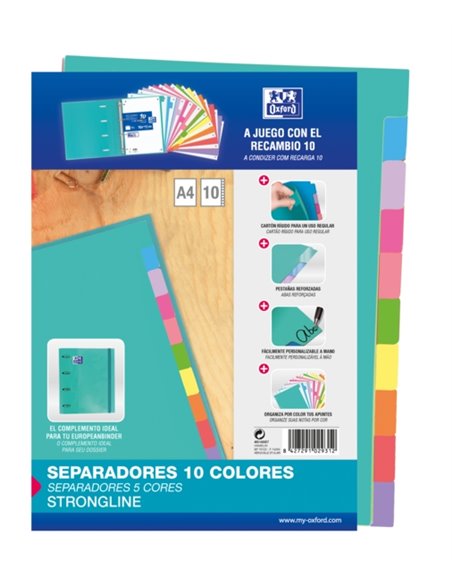 Intercalaires Oxford Strongline A4 - 10 positions de couleurs différentes - 4 trous - Papier cartonné 200 g/m²