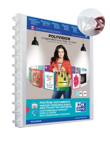 Chemise Oxford Polyvision Variozip A4+ 20 pochettes - Couverture plastique personnalisable - Organisation et protection de vos d
