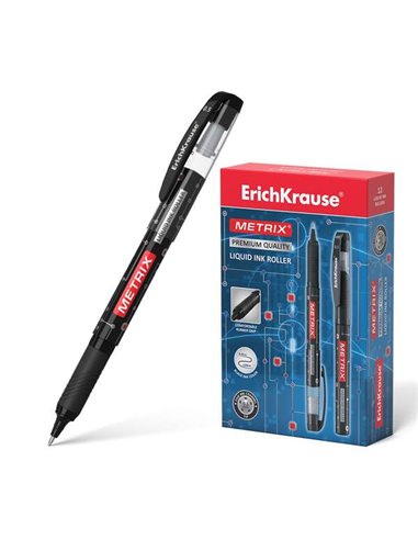 Stylo à encre gel Erichkrause Metrix - Pointe 0,5 mm - Grip caoutchouc - Capuchon avec clip - Séchage rapide - Noir