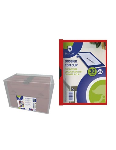 Chemise Bismark 30 feuilles A4 avec clip latéral en métal - Polypropylène transparent - Rouge