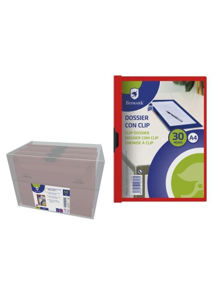 Chemise Bismark 30 feuilles A4 avec clip latéral en métal - Polypropylène transparent - Rouge