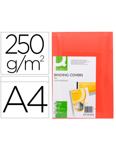 Couverture q-connect carton 250g grain cuir pour reliure format a4 coloris rouge paquet 100 unités