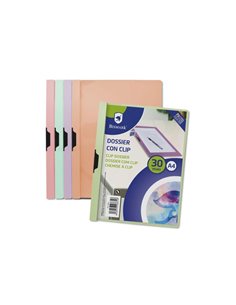 Classeur à pinces Bismark A4 - Capacité de 30 feuilles - Polypropylène transparent - Clip latéral en métal - Couleurs pastel ass