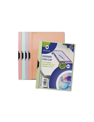 Classeur à pinces Bismark A4 - Capacité de 30 feuilles - Polypropylène transparent - Clip latéral en métal - Couleurs pastel ass