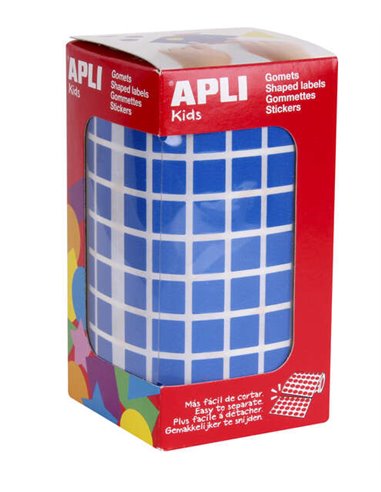 Autocollants carrés bleus Apli - 10 x 10 mm - 59 feuilles prédécoupées - 6 372 autocollants par rouleau - Idéal pour les activit