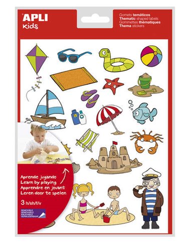 Sachet d'autocollants Apli Beach - 66 autocollants sur 3 feuilles - Illustrations d'animaux et d'objets de plage - Adhésif amovi