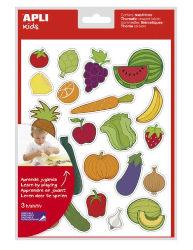 Sachet d'autocollants Apli sur le thème des fruits et légumes - 69 autocollants - Adhésif amovible - Illustrations amusantes - A