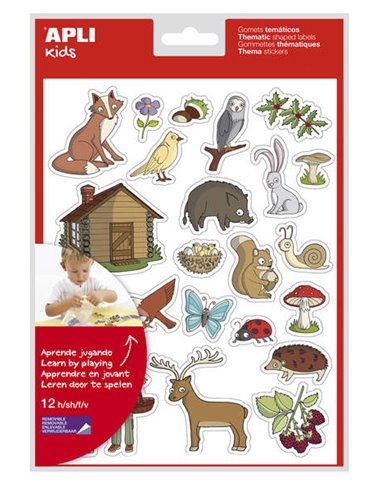 Sachet d'autocollants Apli sur le thème de la forêt - 276 autocollants sur 12 feuilles - Adhésif amovible - Idéal pour les école