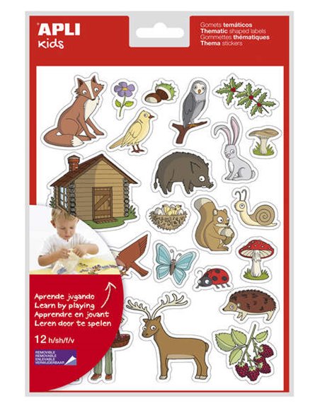 Sachet d'autocollants Apli sur le thème de la forêt - 276 autocollants sur 12 feuilles - Adhésif amovible - Idéal pour les école