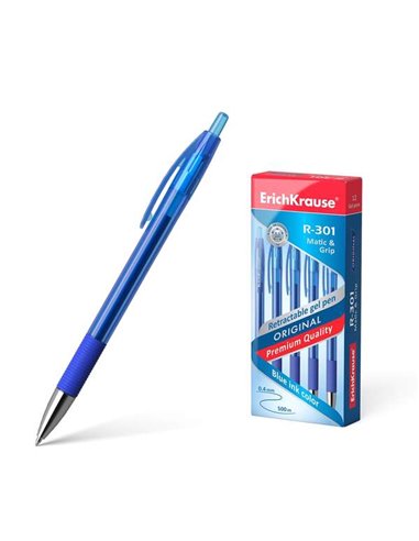 Stylo gel automatique Erichkrause R-301 Original Gel Matic&Grip - Pointe 0,5 mm - Encre gel à séchage rapide - Corps transparent