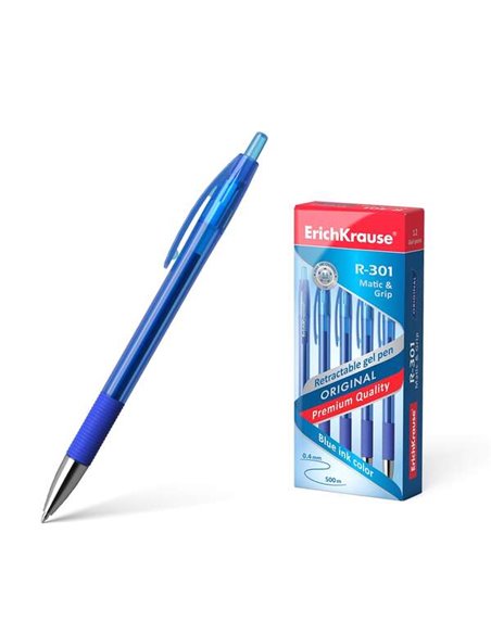 Stylo gel automatique Erichkrause R-301 Original Gel Matic&Grip - Pointe 0,5 mm - Encre gel à séchage rapide - Corps transparent