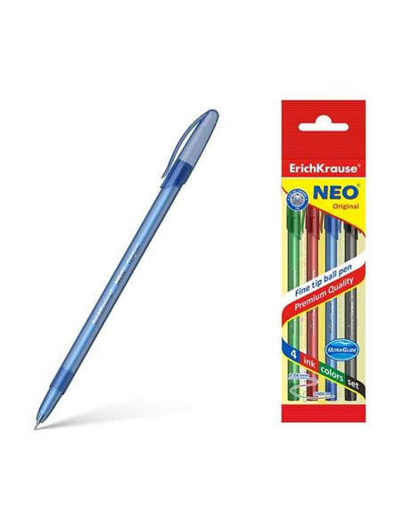 Erichkrause Lot de 4 stylos à bille Neo Original - Pointe fine sophistiquée - Corps rond translucide mat - Encre en bleu, noir, 