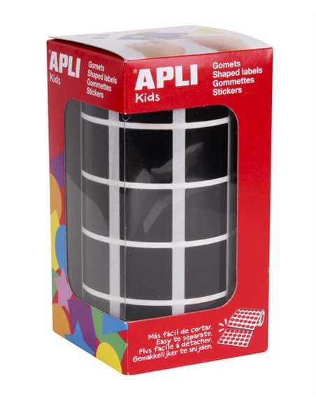 Autocollants carrés noirs Apli 20 x 20 mm - 59 feuilles prédécoupées - 1 770 autocollants par rouleau - Idéal pour développer le