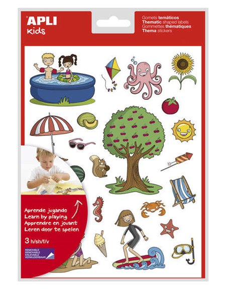 Autocollants sur le thème de l'été - 72 autocollants sur 3 feuilles - Illustrations éducatives d'objets et d'animaux d'été - Adh