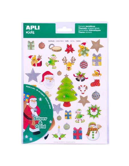 Pack Appli de 99 autocollants sur le thème de Noël - Illustrations pédagogiques - Adhésif amovible - Finition encre or et argent