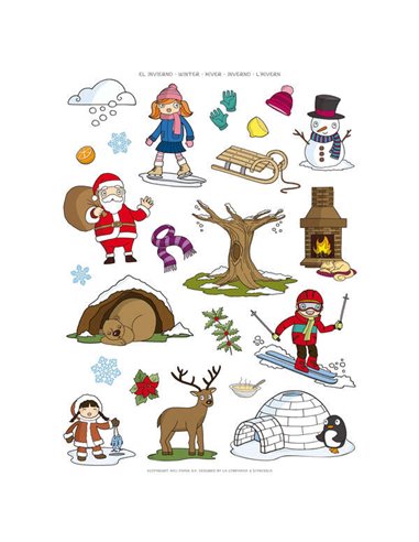 Autocollants sur le thème de l'hiver - 276 autocollants sur 12 feuilles - Illustrations éducatives - Adhésif amovible - Idéal po