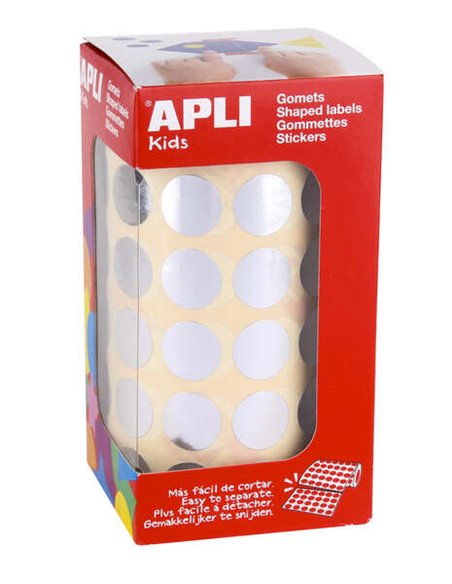 Apli Rond Gomets Argent Métallisé Ø 15 mm - 59 Feuilles Prédécoupées - 2832 Gomets par Rouleau - Développe la Motricité Fine