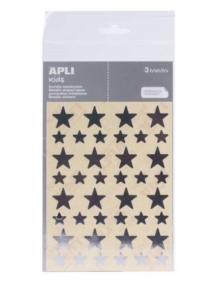 Sachet d'autocollants Apli en forme d'étoile - Tailles 12,5 mm et 19,5 mm - Adhésif argenté permanent - 3 feuilles et 120 autoco