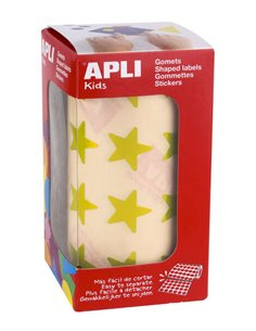Apli Gomets Star Jaune Métallique - Taille 19,5 mm - 1 416 Gomets par rouleau - Adhésif à base d'eau - Normes EN-71 et FSC