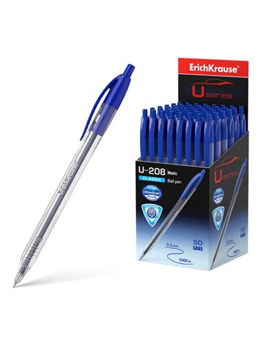 Stylo à bille automatique Erichkrause U-208 Classic Matic - Technologie Ultra Glide - Corps transparent avec grip - Bleu