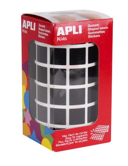 Autocollants carrés noirs Apli - 15 x 15 mm - 59 feuilles prédécoupées - 2 832 autocollants par rouleau - Idéal pour les écoles 