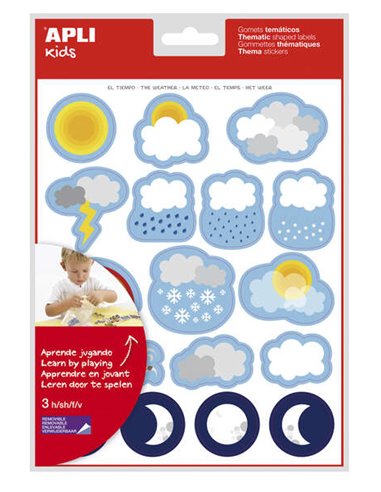 Sachet d'autocollants météo Apli - 51 autocollants sur 3 feuilles - Adhésif amovible - Développé avec des enseignants - Adhésif 