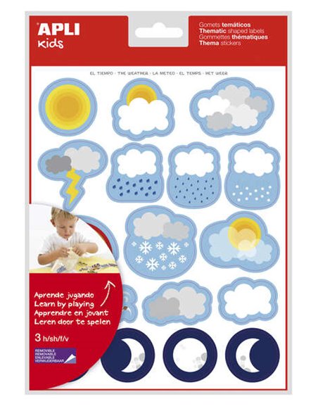 Sachet d'autocollants météo Apli - 51 autocollants sur 3 feuilles - Adhésif amovible - Développé avec des enseignants - Adhésif 