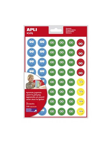 Apli Happy Face Sticker Bag II - Adhésif amovible - 144 autocollants - 4 styles de visage - Encourage l'expression émotionnelle 