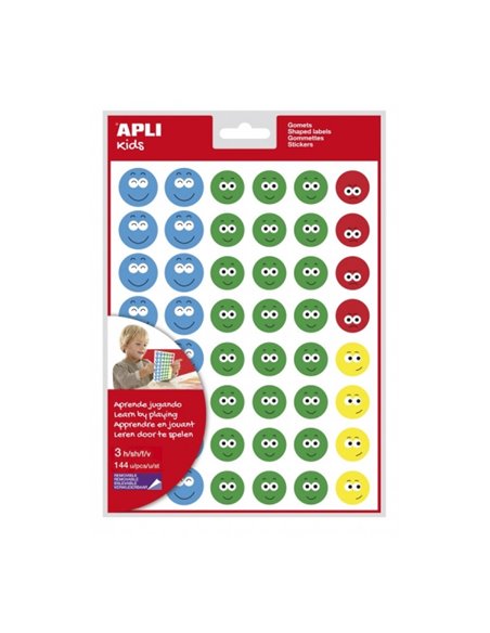 Apli Happy Face Sticker Bag II - Adhésif amovible - 144 autocollants - 4 styles de visage - Encourage l'expression émotionnelle 