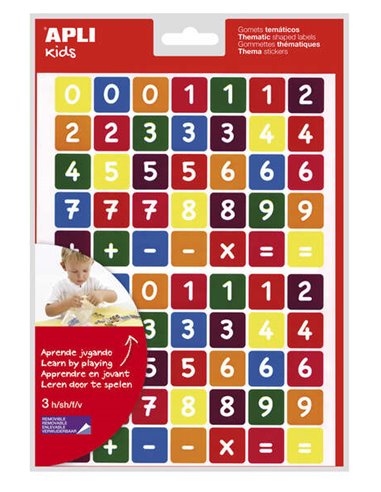 Sachet d'autocollants Apli Numbers - 210 autocollants sur 3 feuilles - Adhésif amovible - Apprentissage des nombres et du calcul